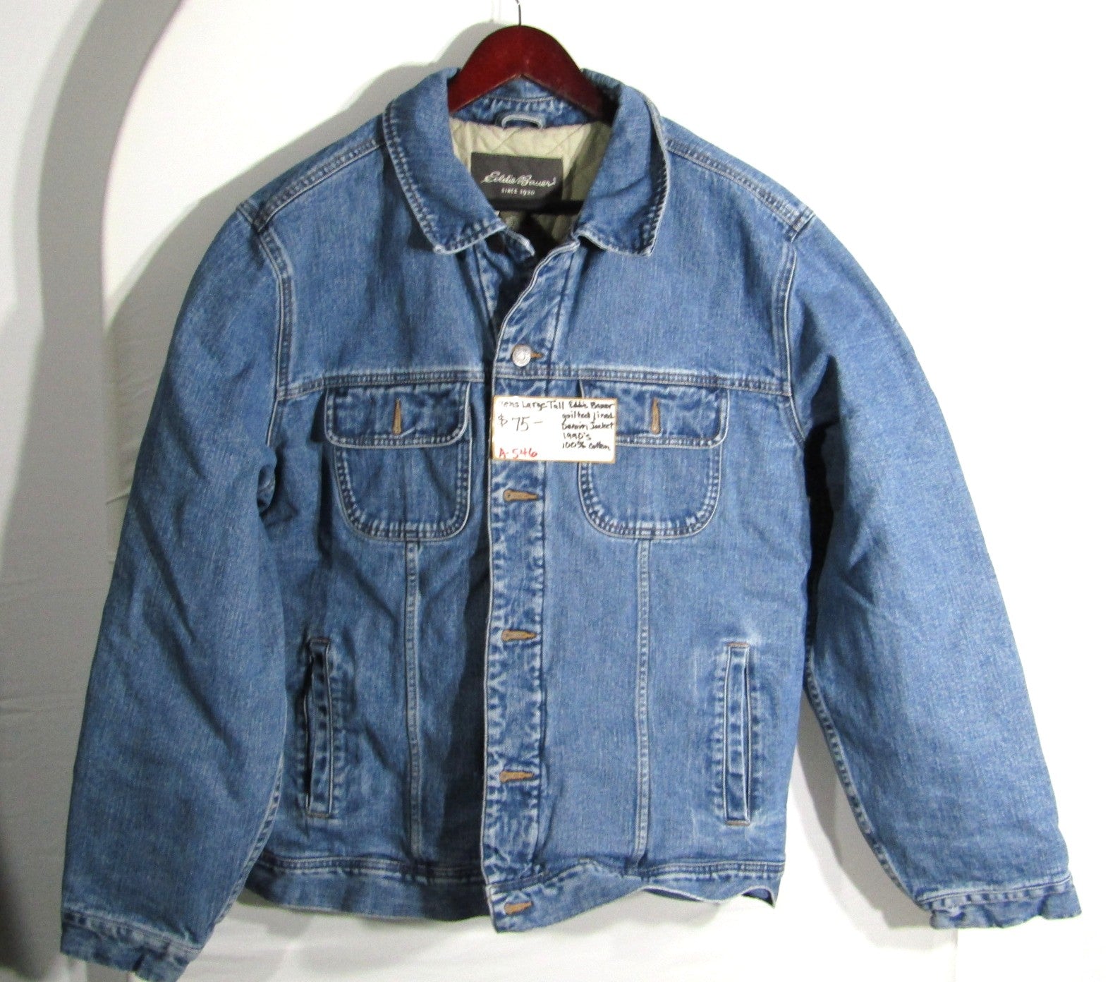 Mens Large Tall Eddie Bauer Denim Jacket 1990's quilted/lined
