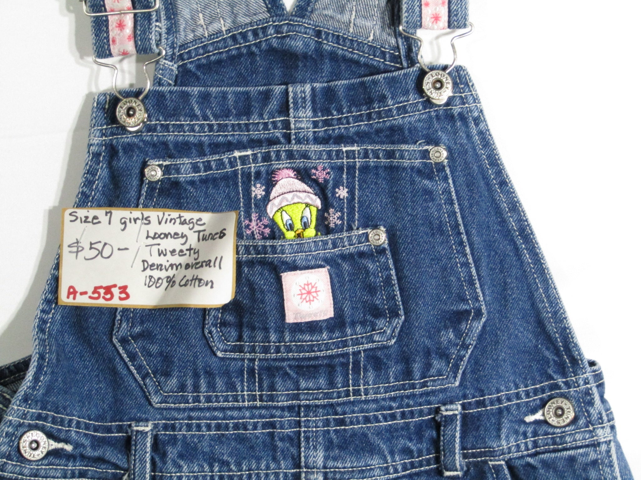 Vintage Looney Tunes Kids Denim Overall Tweety Bird Size 7 Girls
