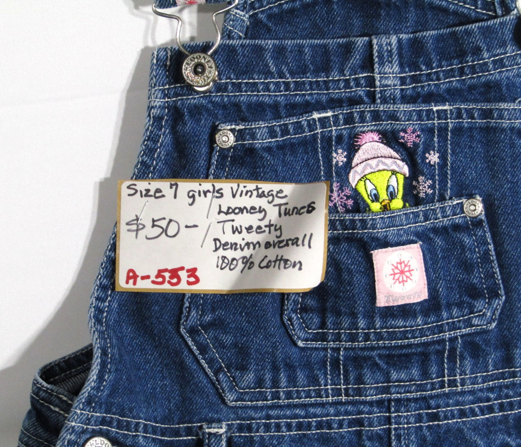 Vintage Looney Tunes Kids Denim Overall Tweety Bird Size 7 Girls