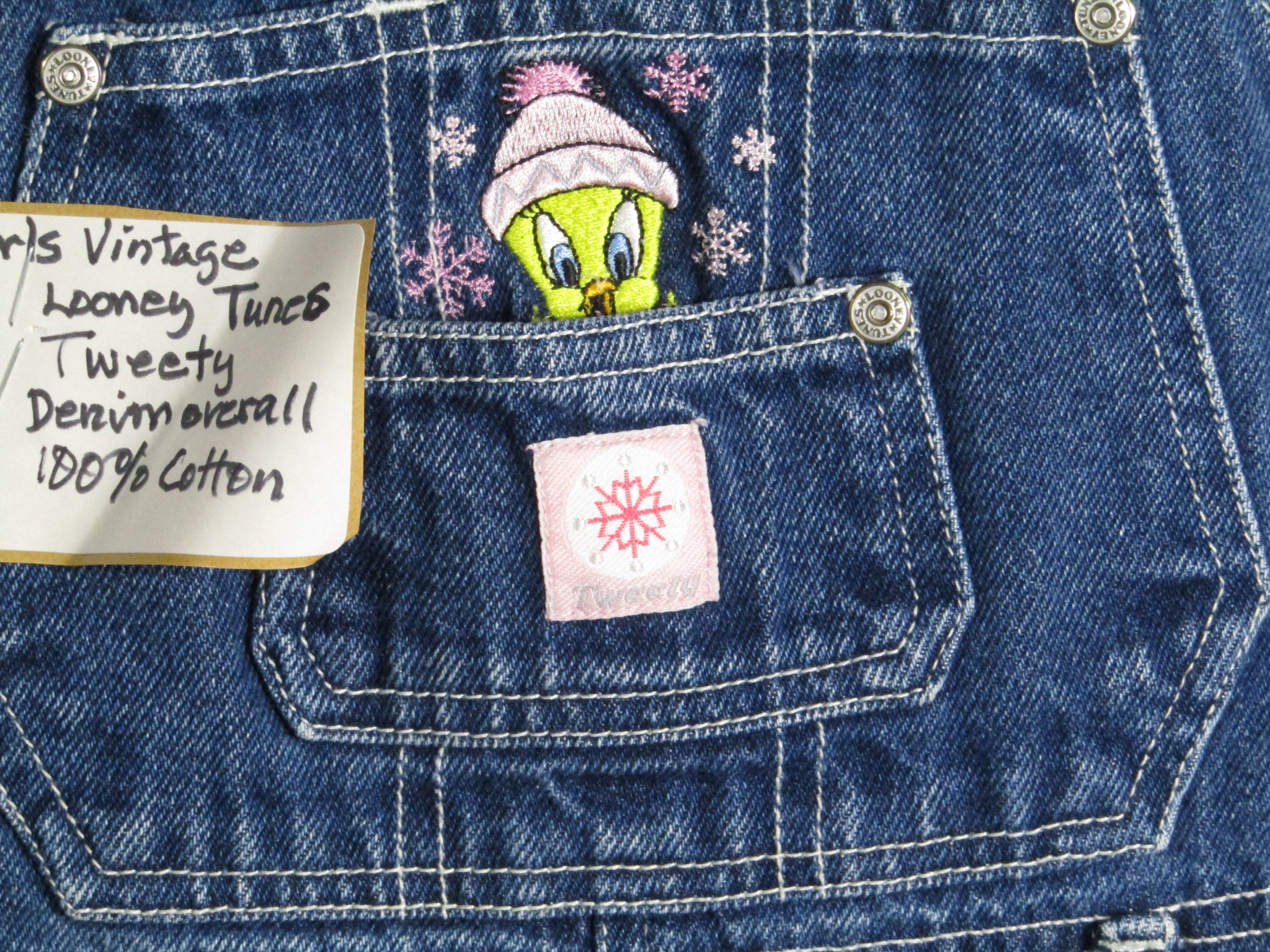Vintage Looney Tunes Kids Denim Overall Tweety Bird Size 7 Girls