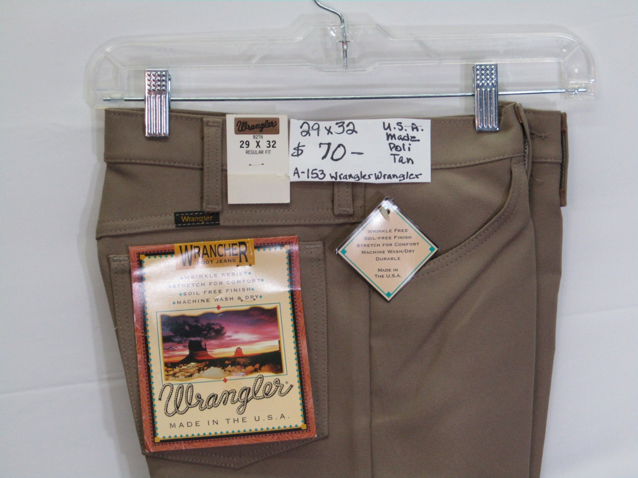 1980's Western Wear Ranchers Boot Mens Wranglers 29 x 32 Polyester Tan Made in the USA